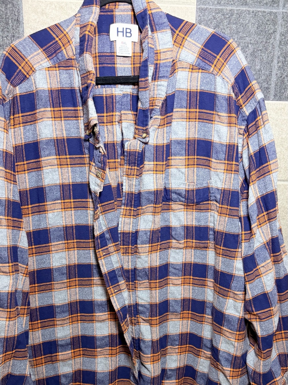 HB Men’s 5XL Blue Orange Plaid Flannel Button Up Shirt 100% Cotton Heavyweight